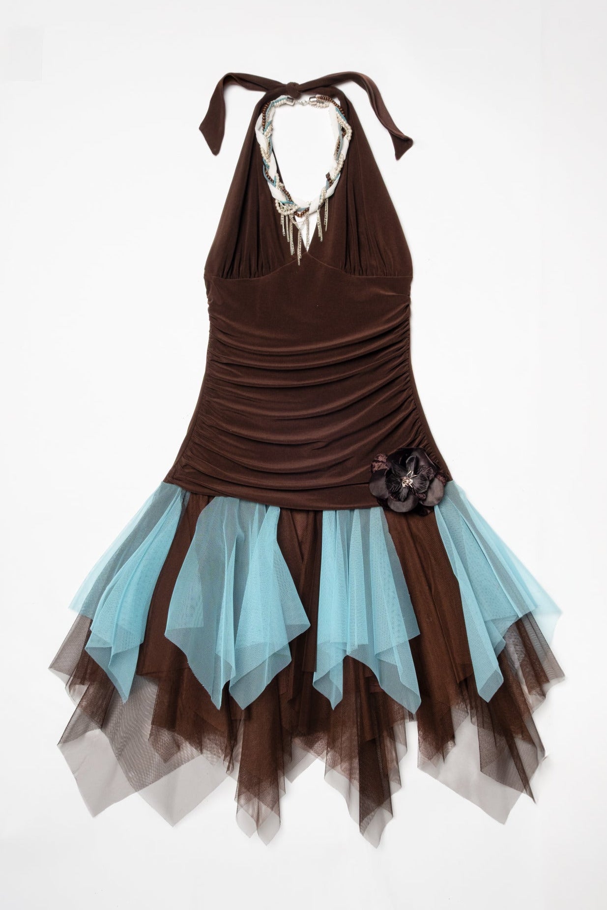 brown fairy dress Y2K Taboo Halter & Necklace Denim Short-sleeve Shirt-dress For womens fasion online Color:819blackpurple3704b this dreamy patchwork dress
