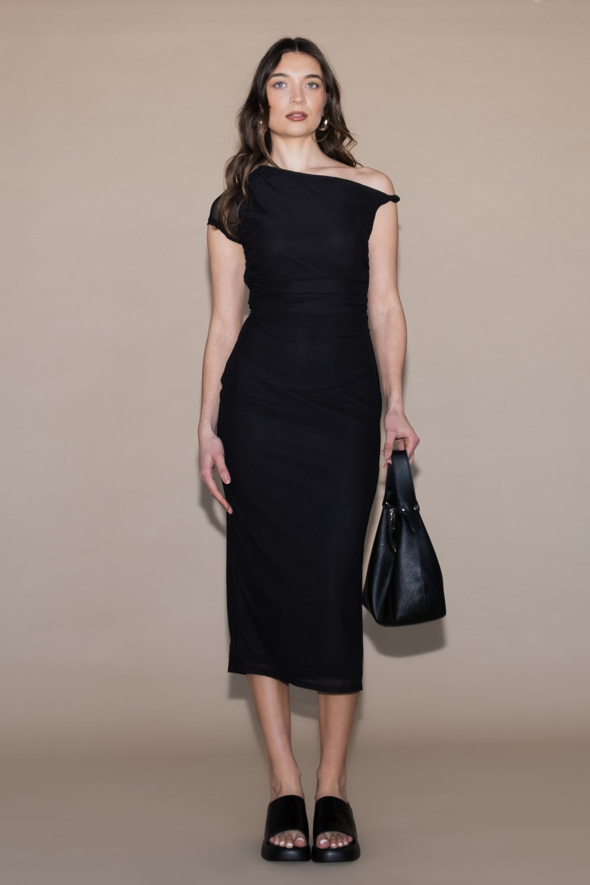 Elle Off The Shoulder Mesh Midi Dress