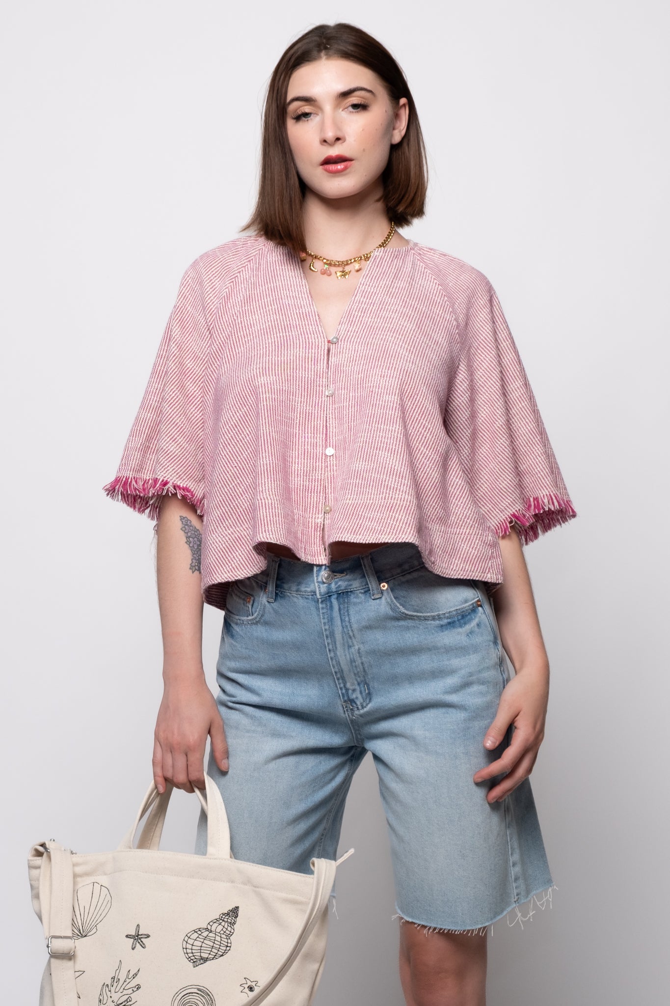 トップス Alia Pile fabric shirt tops FRNCH Alyssia Frayed Sleeve Top – Calico