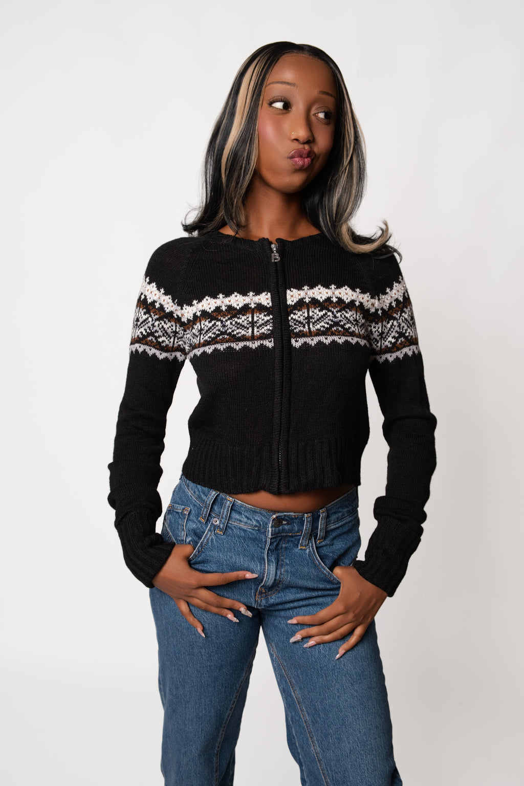 Sequin Fair Isle Zip Cardigan