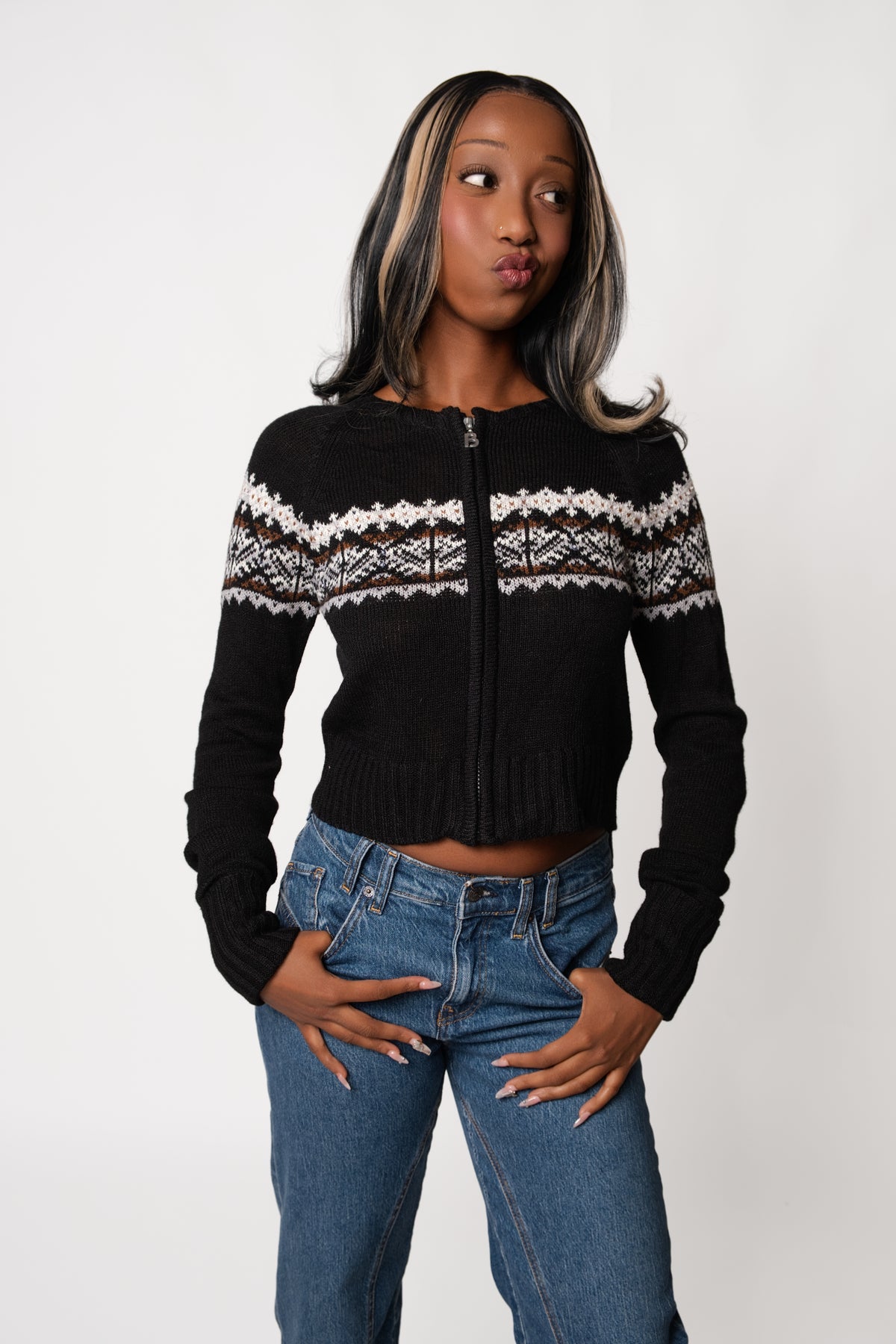 Sequin Fair Isle Zip Cardigan