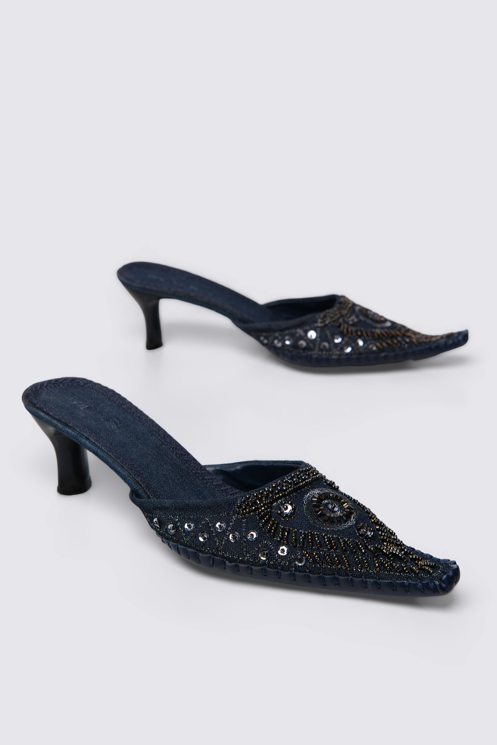 Y2K Beaded Denim Kitten Heel Mules