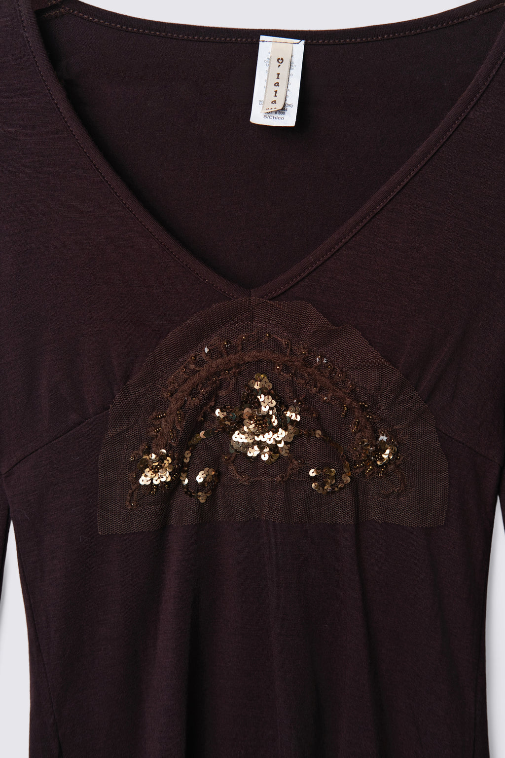 Y2K Sequin Mesh Applique Long Sleeve Top