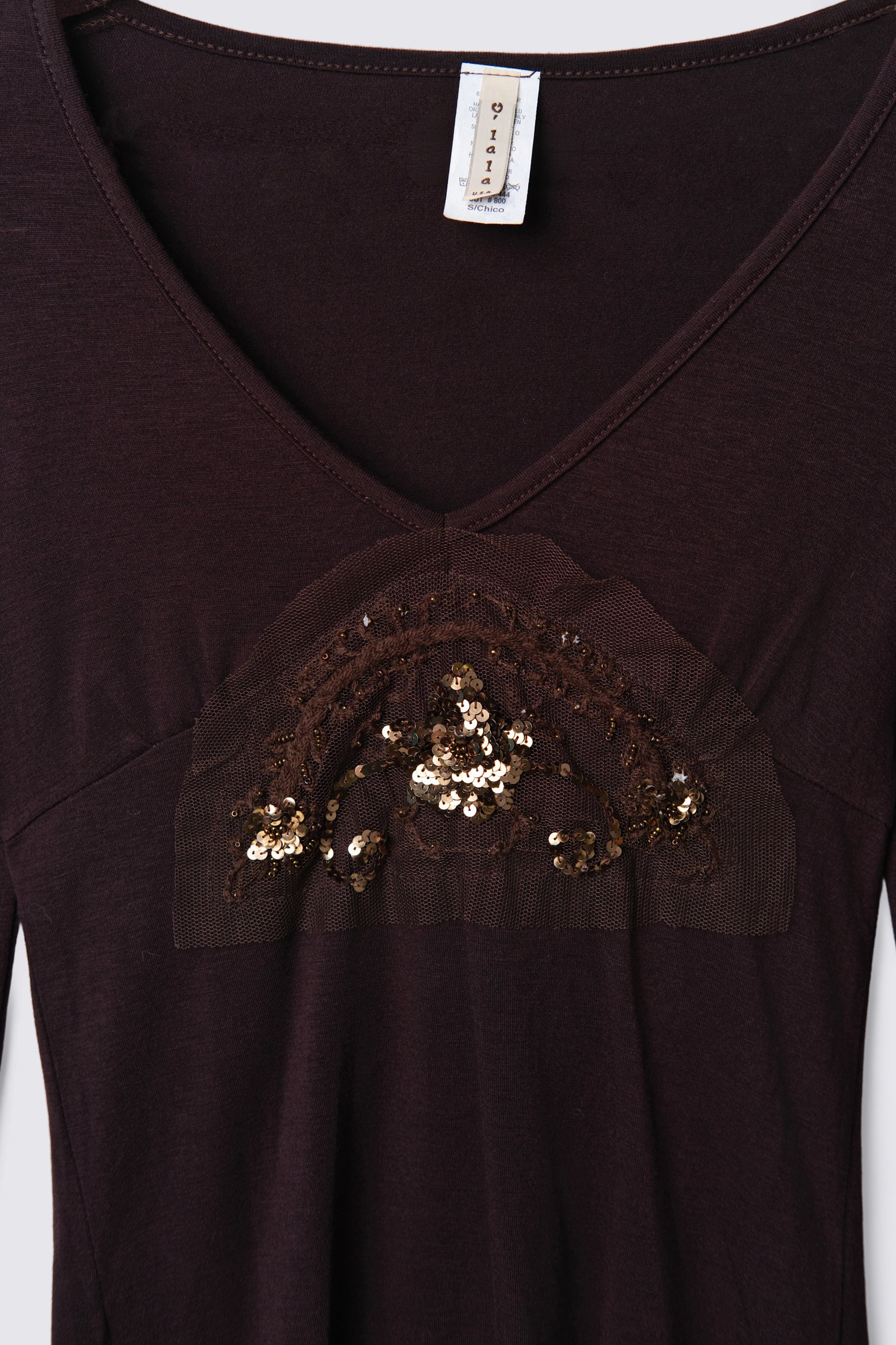 Y2K Sequin Mesh Applique Long Sleeve Top