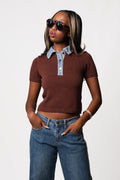 Denim Collar Short Sleeve Knit Top