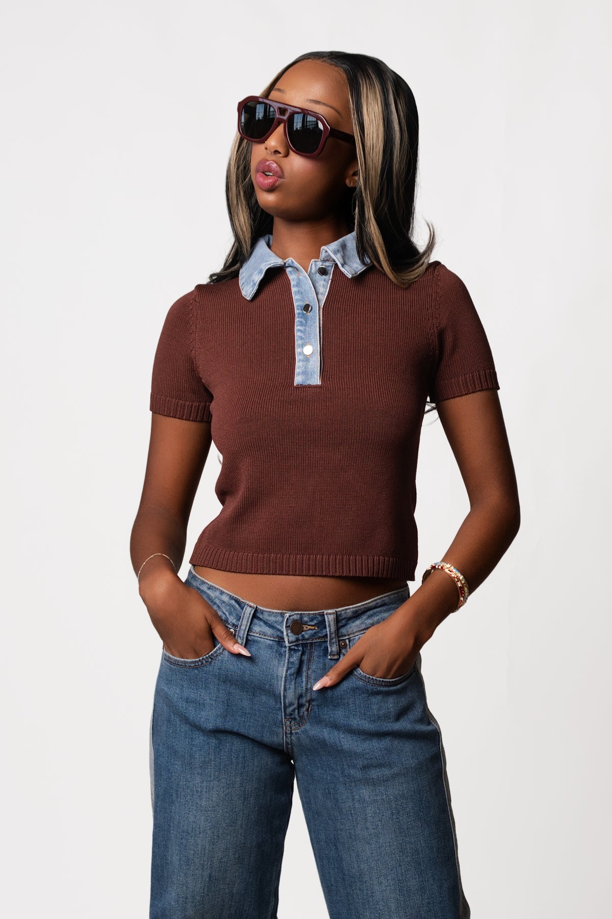 Denim Collar Short Sleeve Knit Top