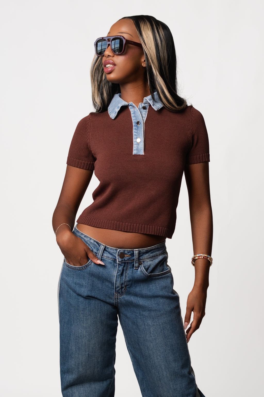 Denim Collar Short Sleeve Knit Top