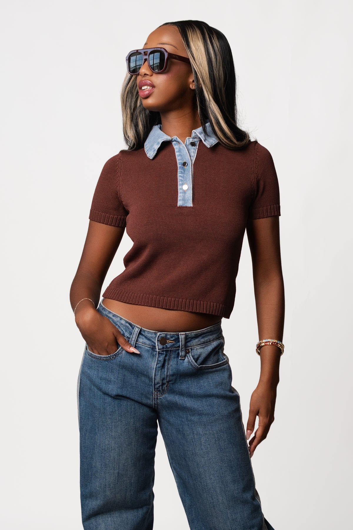 Denim Collar Short Sleeve Knit Top