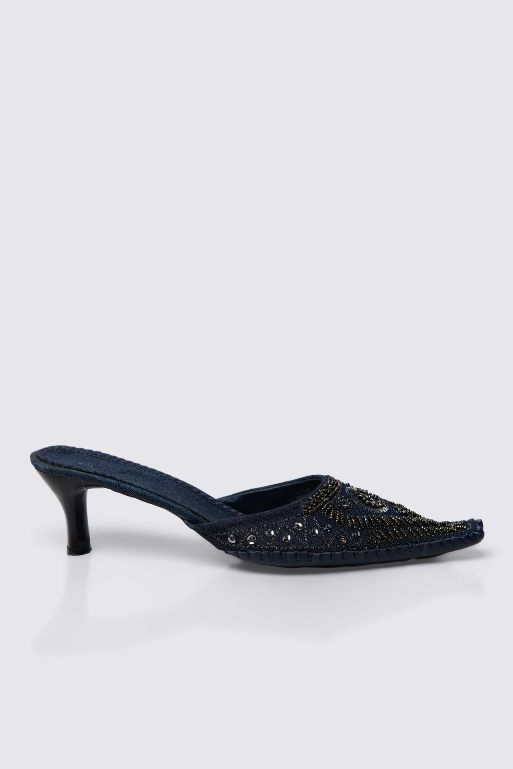 Y2K Beaded Denim Kitten Heel Mules
