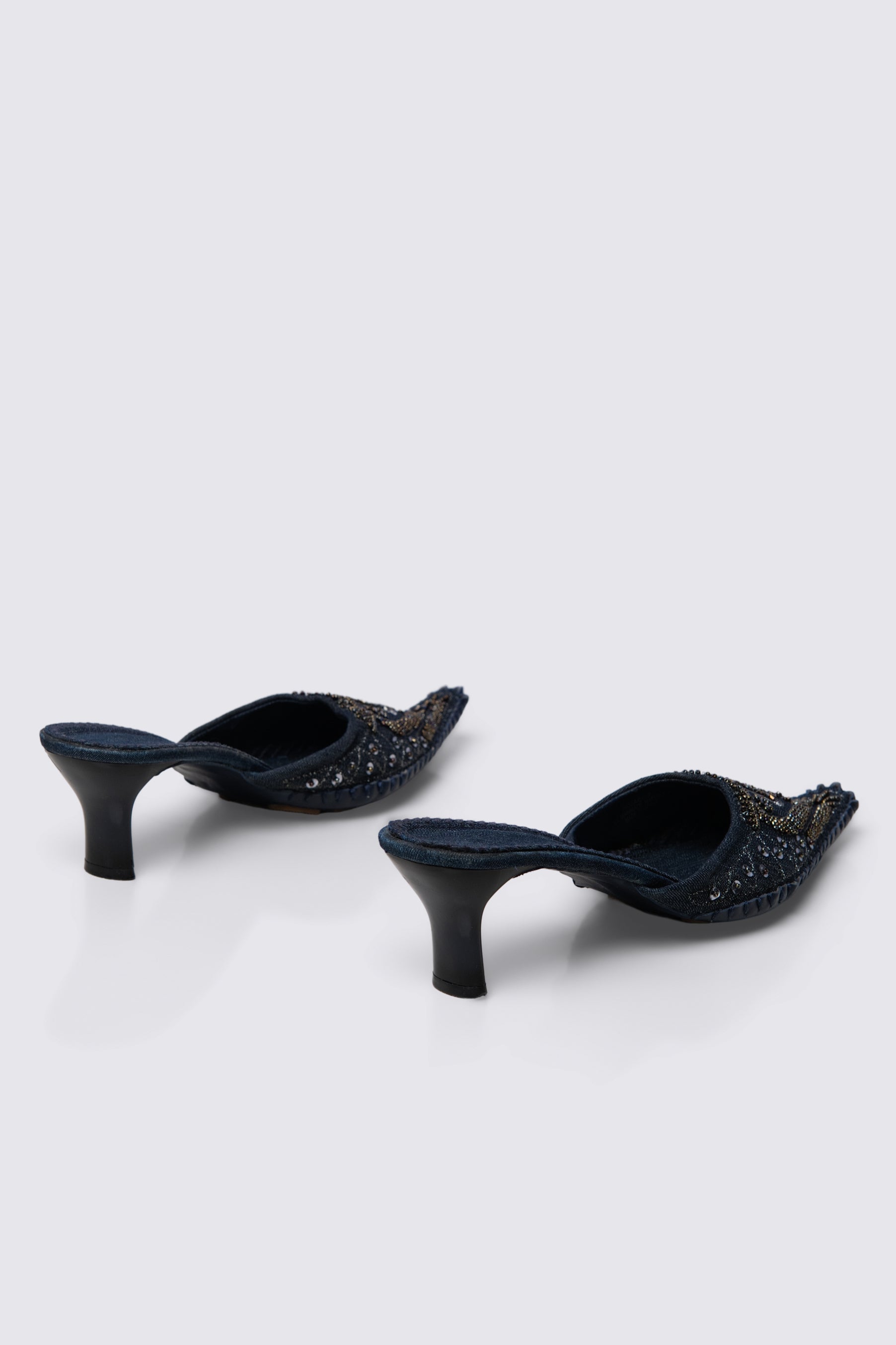 Y2K Beaded Denim Kitten Heel Mules