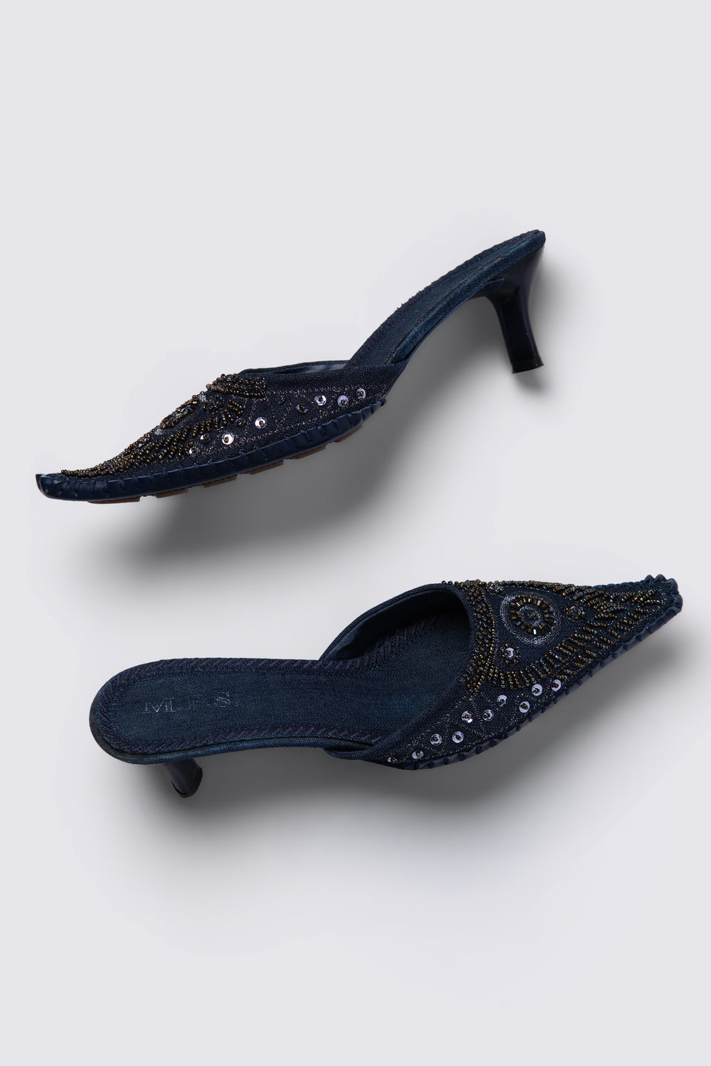 Y2K Beaded Denim Kitten Heel Mules