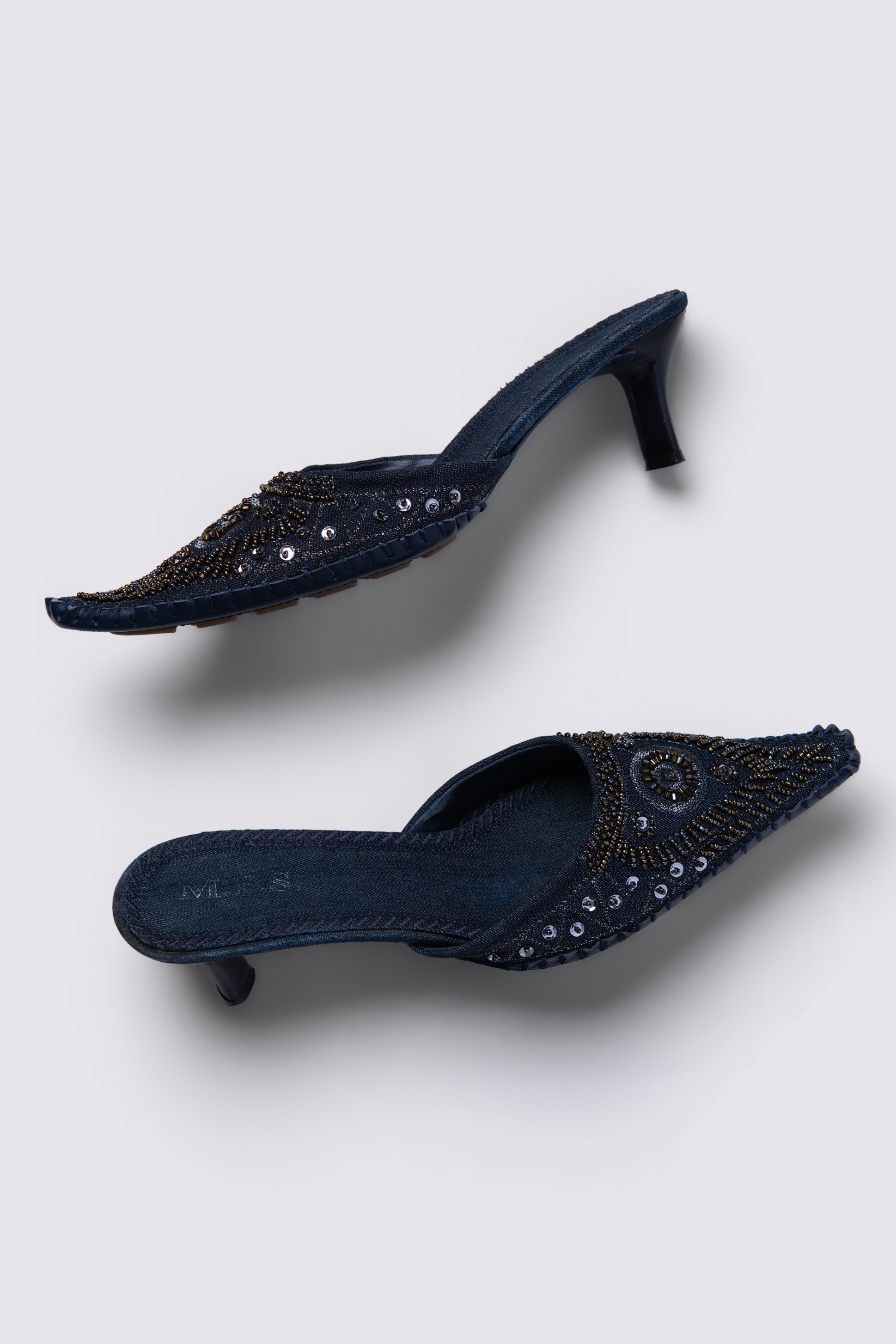 Y2K Beaded Denim Kitten Heel Mules