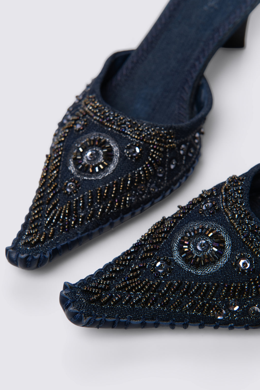 Y2K Beaded Denim Kitten Heel Mules