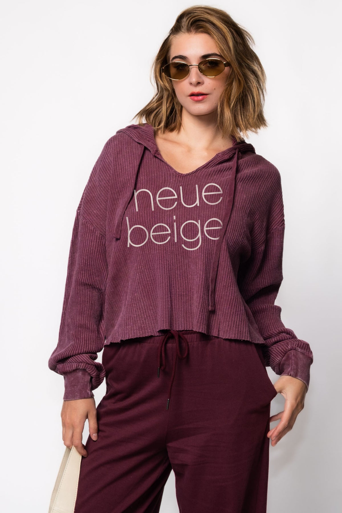 Neue Beige Cropped Thermal Hoodie