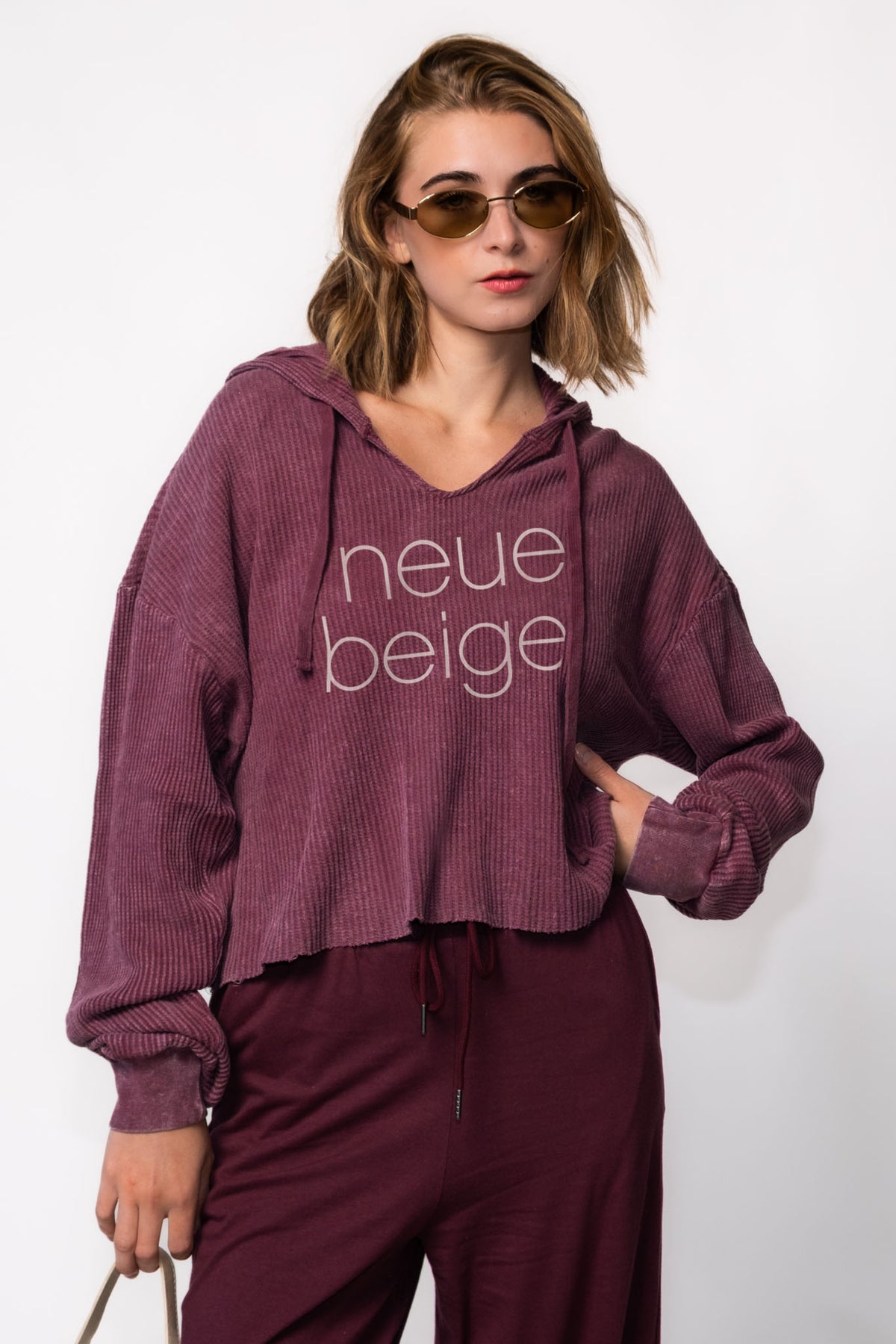 Neue Beige Cropped Thermal Hoodie