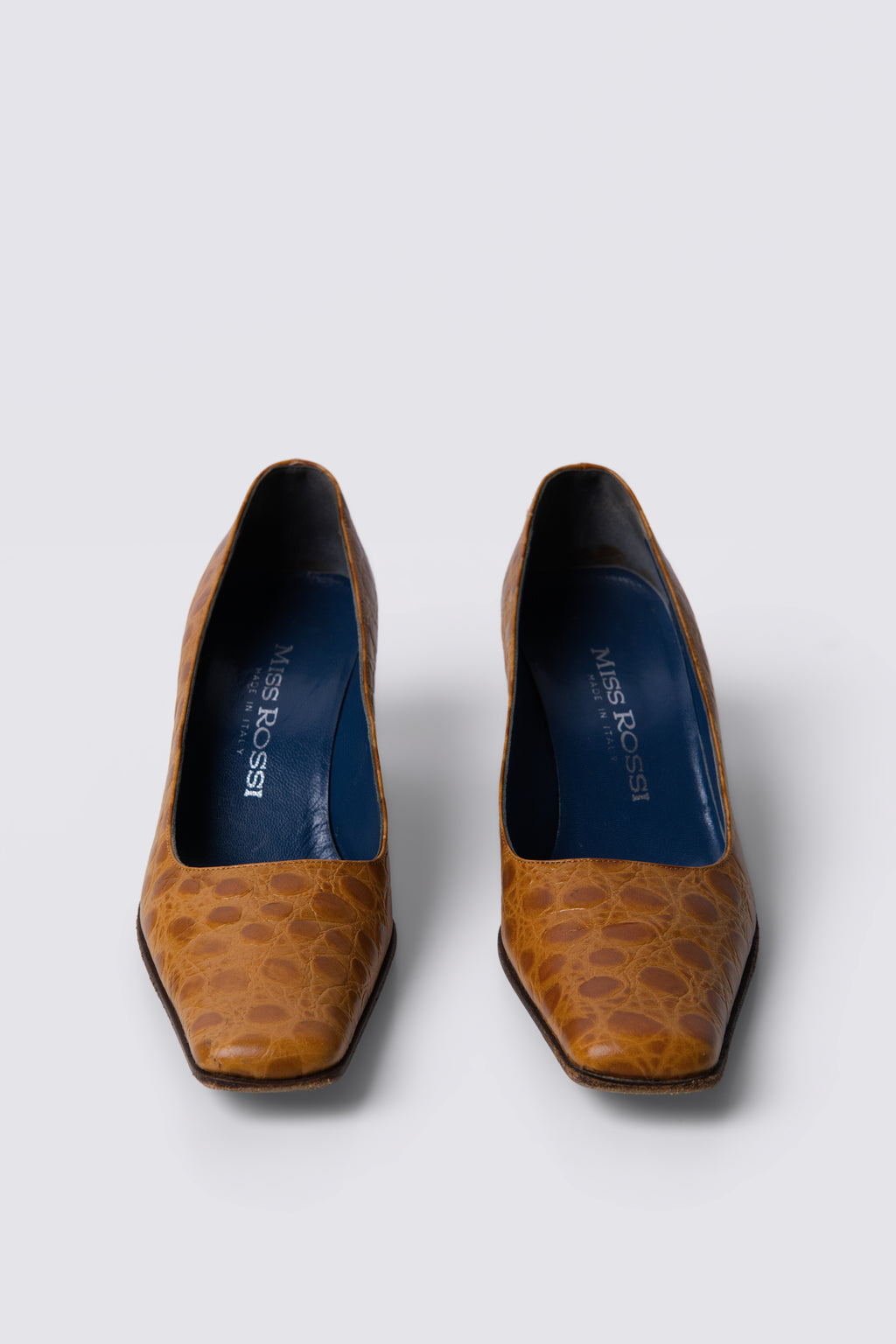 90s Miss Rossi Crocodile Embossed Leather Square Toe Pumps
