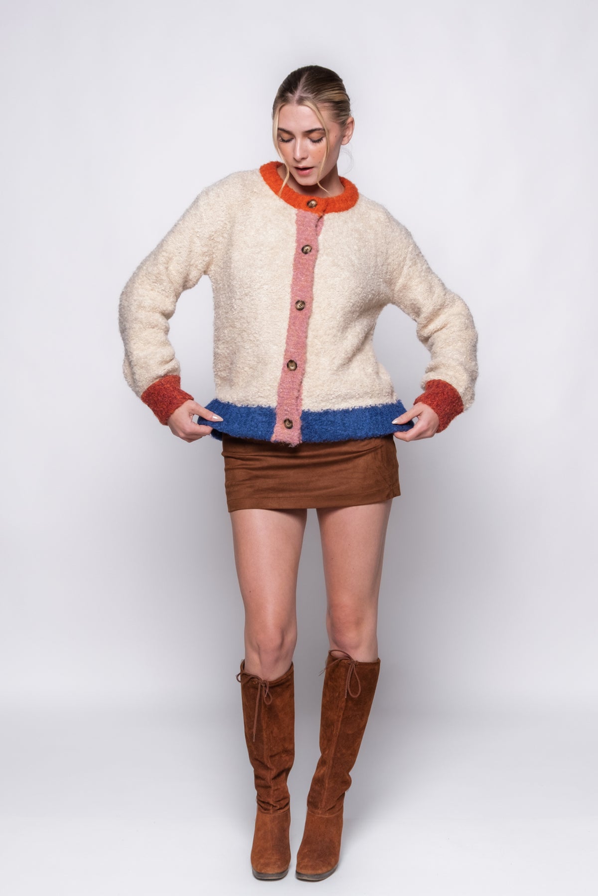 FRNCH Cyclamen Colorblock Crewneck Cardigan