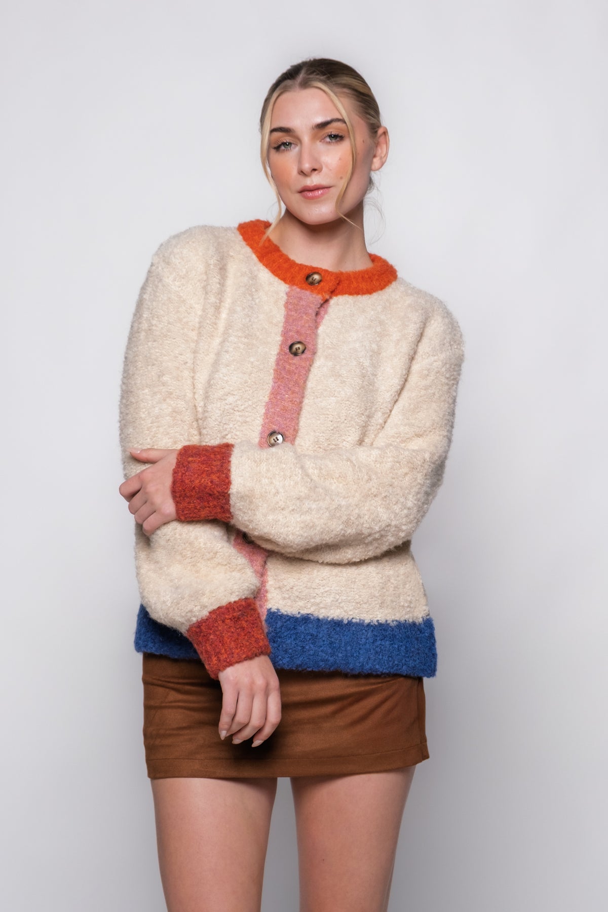 FRNCH Cyclamen Colorblock Crewneck Cardigan