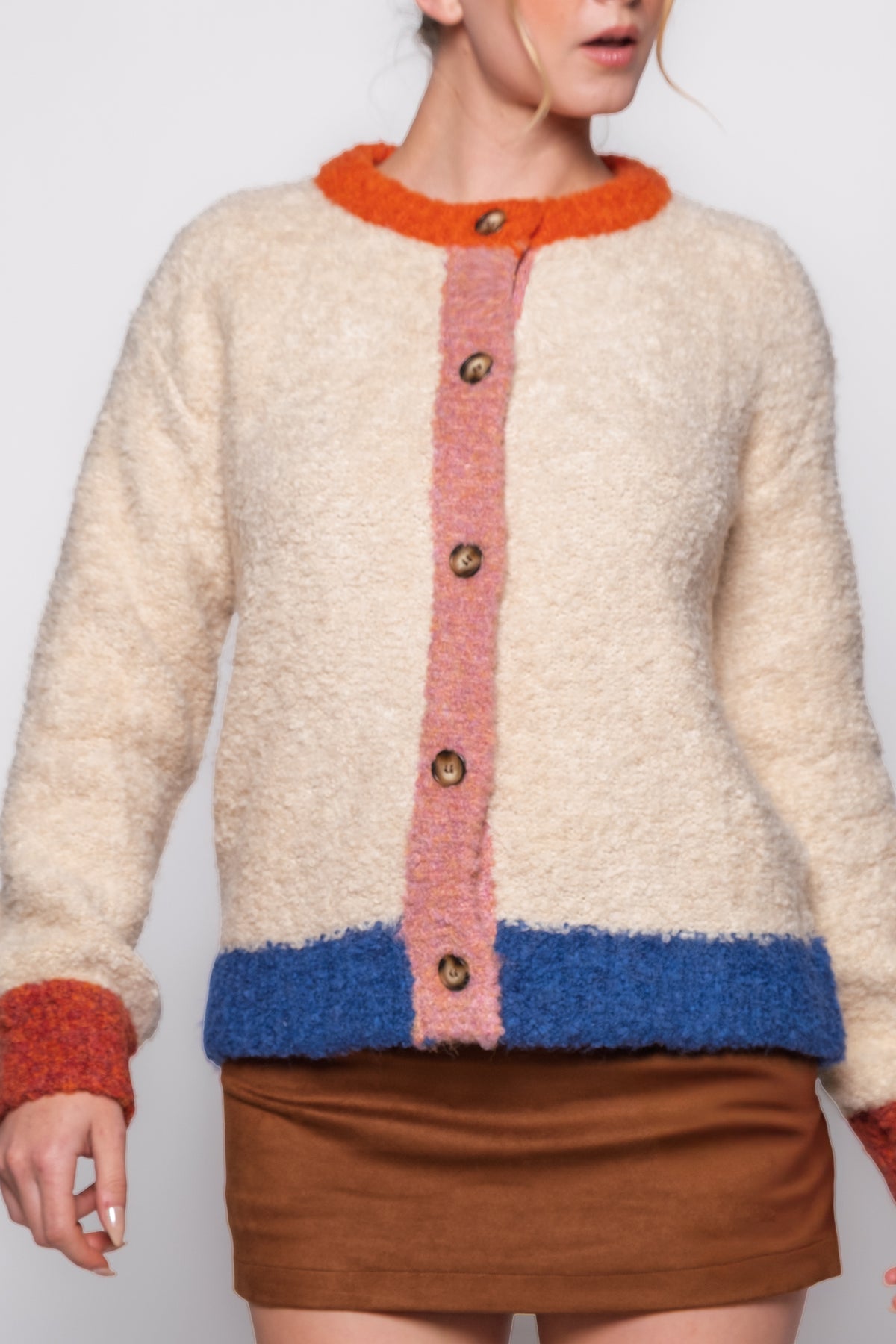 FRNCH Cyclamen Colorblock Crewneck Cardigan