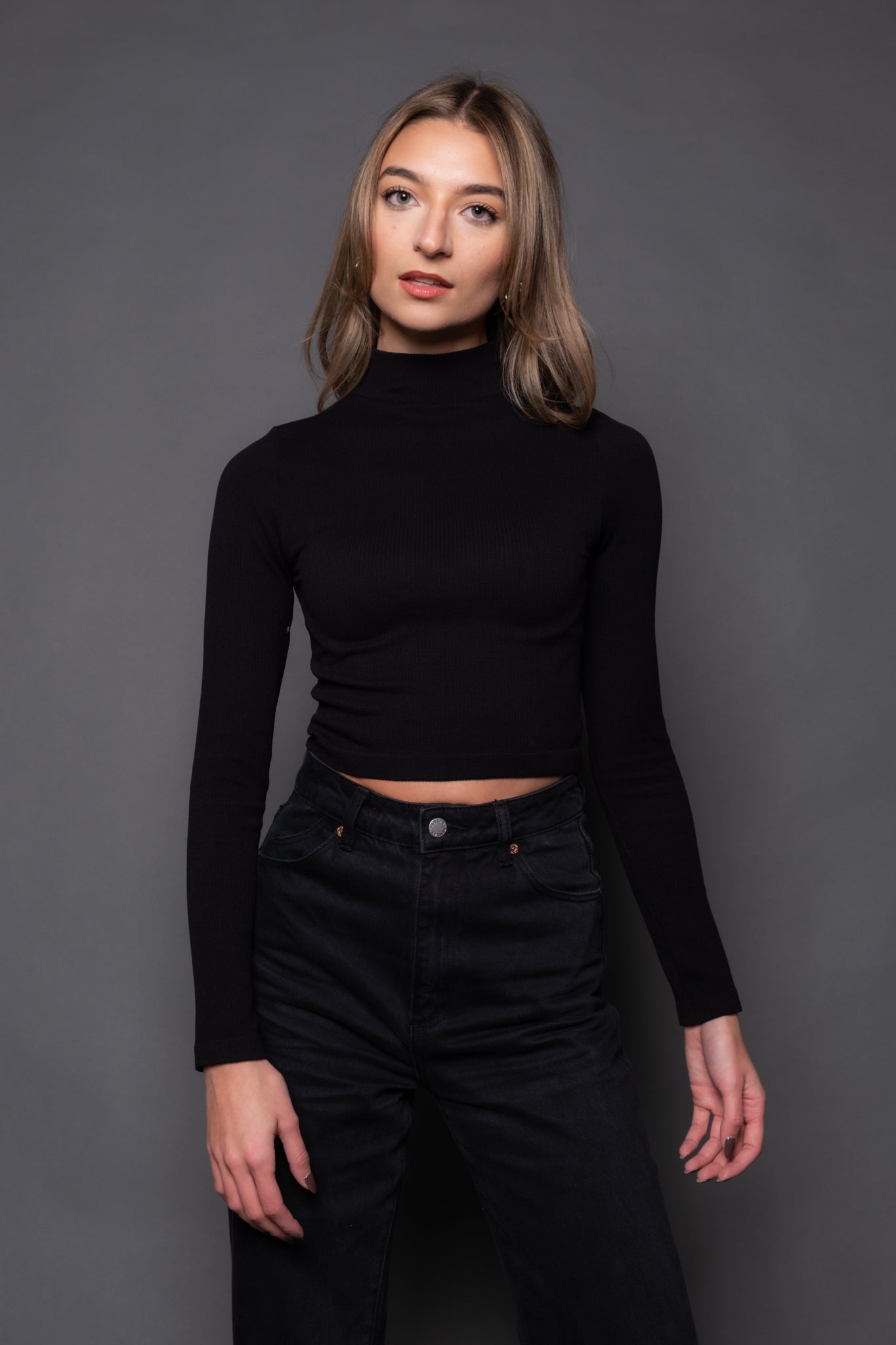 black ribbed mock neck top