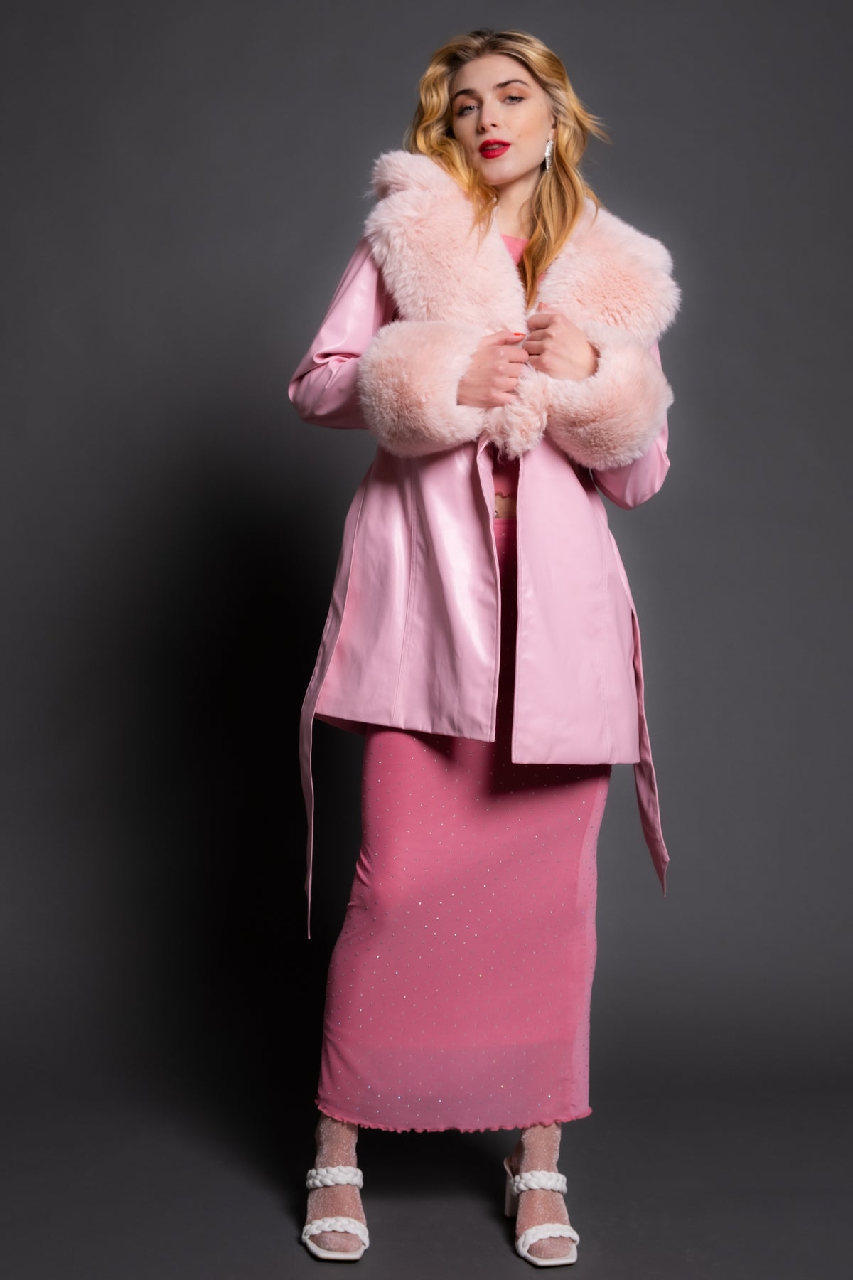Penny Lane Coat, in Pink Faux Leather with Faux Fur, Size: Small | Show Me Your Mumu