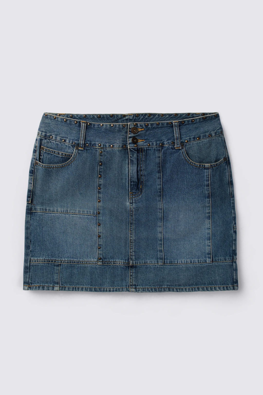 Patchwork Studded Midrise Denim Mini
