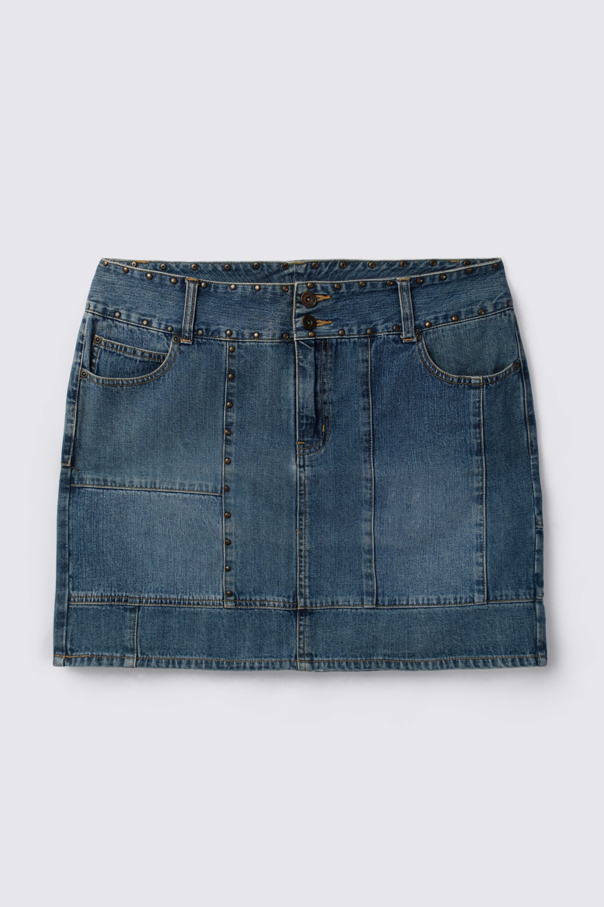 Patchwork Studded Midrise Denim Mini