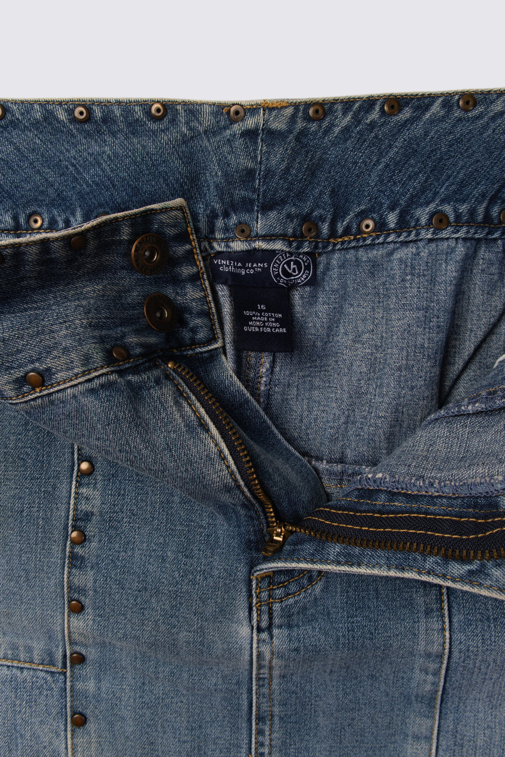 Patchwork Studded Midrise Denim Mini