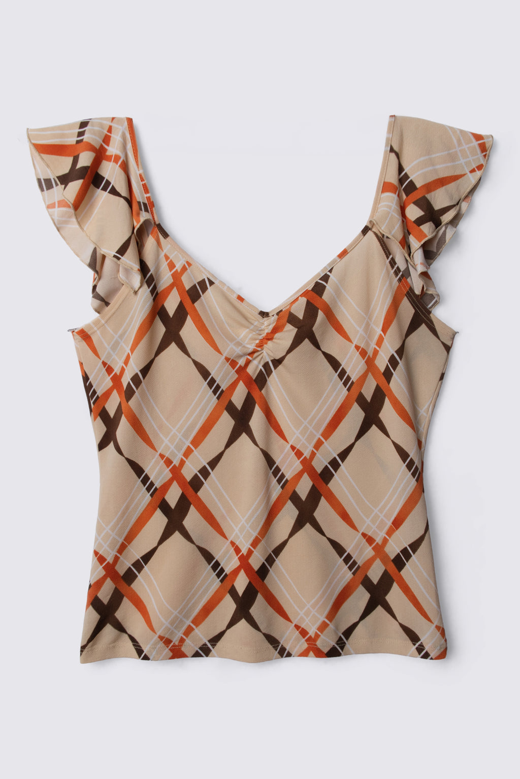Plaid Print Cascading Shoulder Ruffle Top
