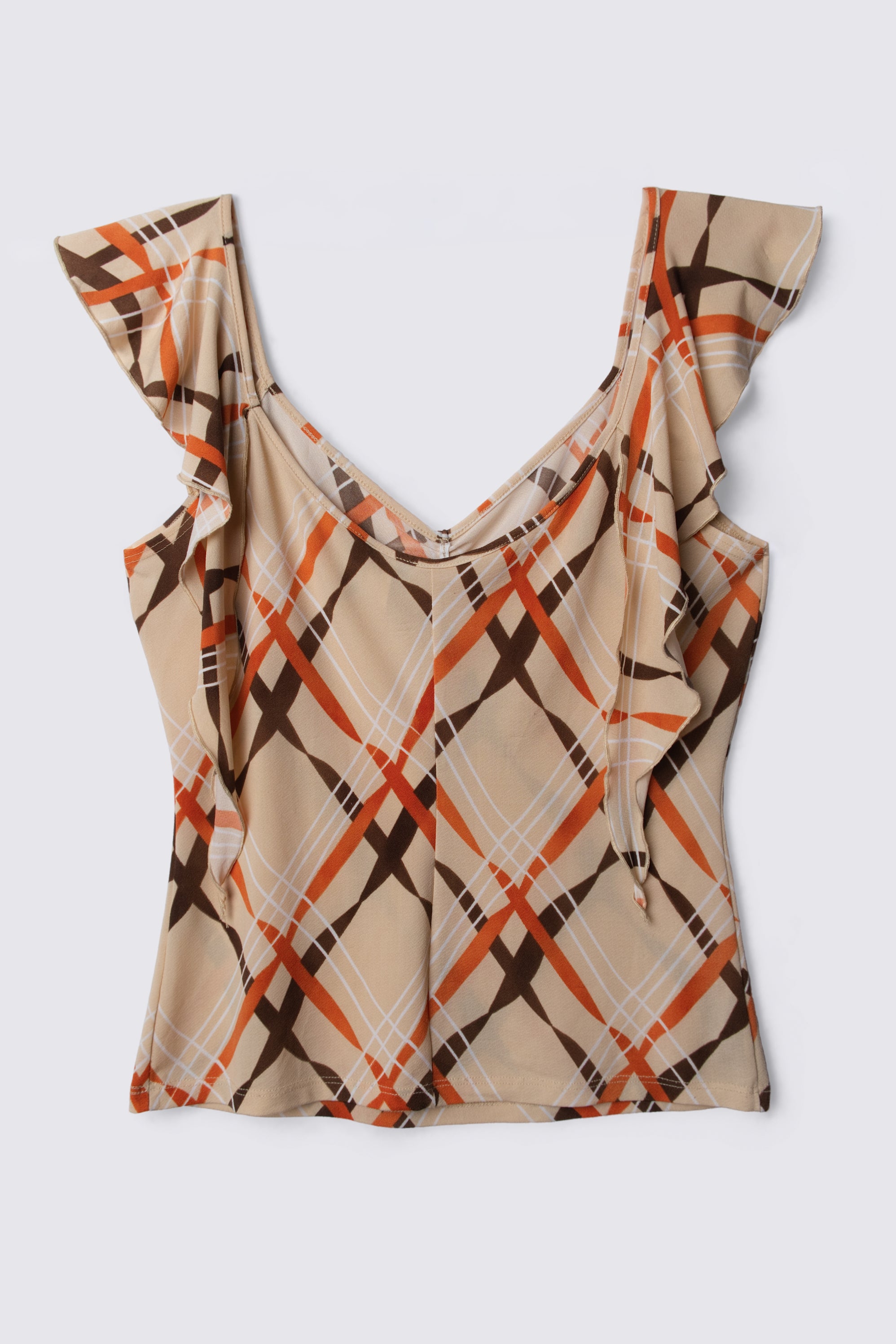Plaid Print Cascading Shoulder Ruffle Top