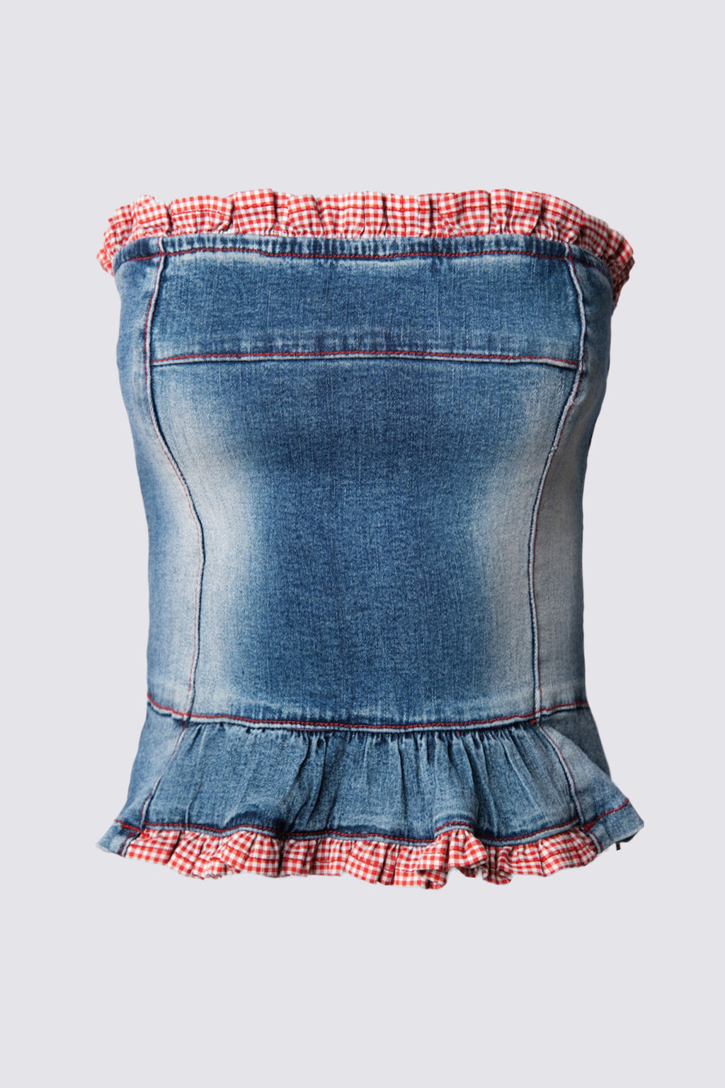 Y2K Gingham Trim Denim Bustier Top
