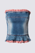 Y2K Gingham Trim Denim Bustier Top