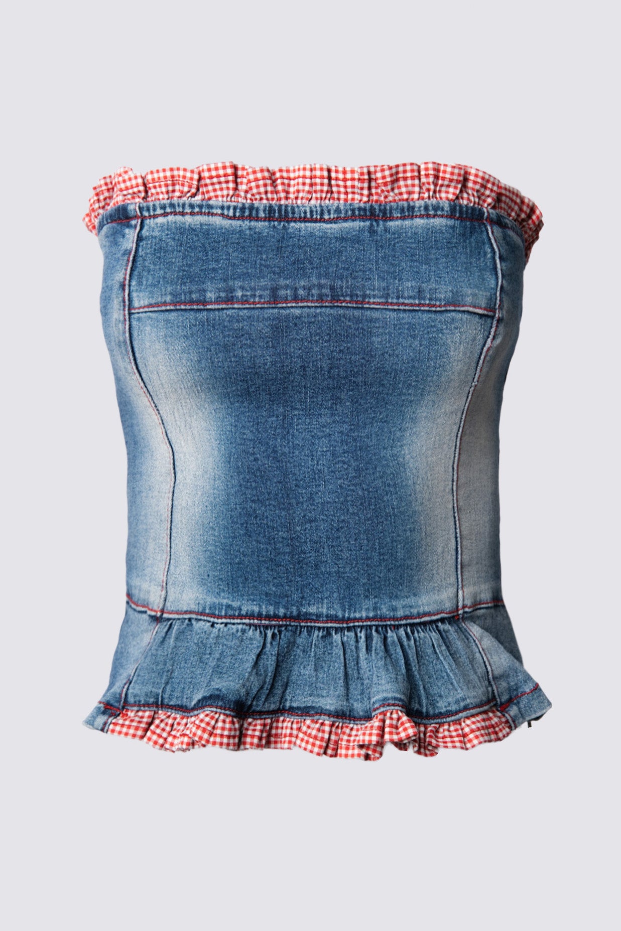 Y2K Gingham Trim Denim Bustier Top