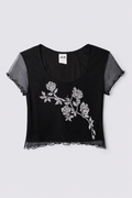 90s Jalate Flocked Floral Mesh Crop Top