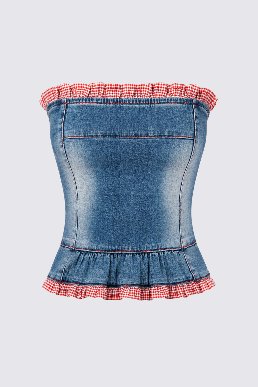 Y2K Gingham Trim Denim Bustier Top