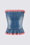 Y2K Gingham Trim Denim Bustier Top