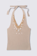 Y2K Express Beaded Cashmere Halter Top